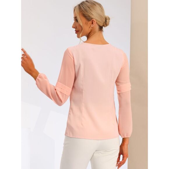 Work Tops Chiffon Shirt Semi Sheer Keyhole Neck Blouse Light Pink - Picture 4 of 6